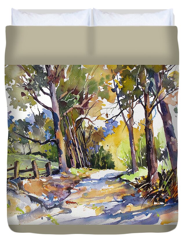 Eucalyptus Trees Duvet Cover featuring the painting Olinda Trees Maui by Rae Andrews