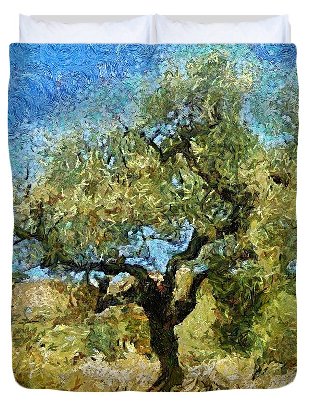 Landscapes Duvet Cover featuring the mixed media Olive tree on Van Gogh manner by Dragica Micki Fortuna