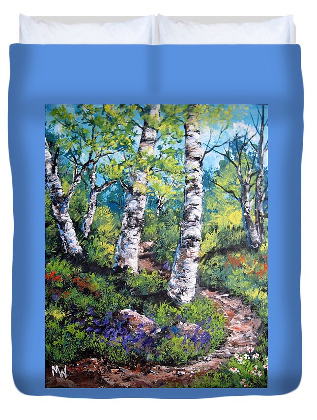 Birch Trees Duvet Cover featuring the painting On my way by Megan Walsh