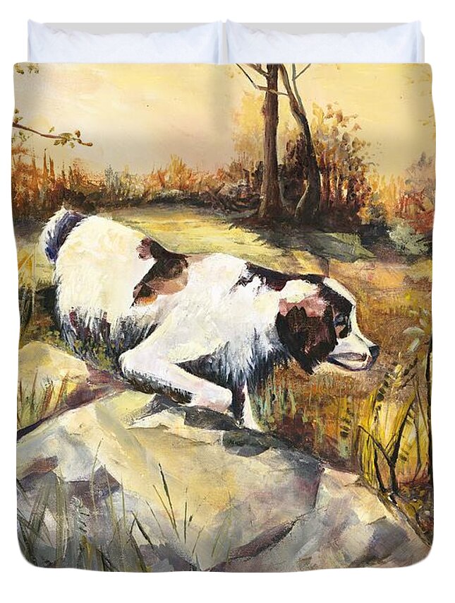 Dog Duvet Cover featuring the painting On Point - Late Afternoon Hunting by Elisabeta Hermann