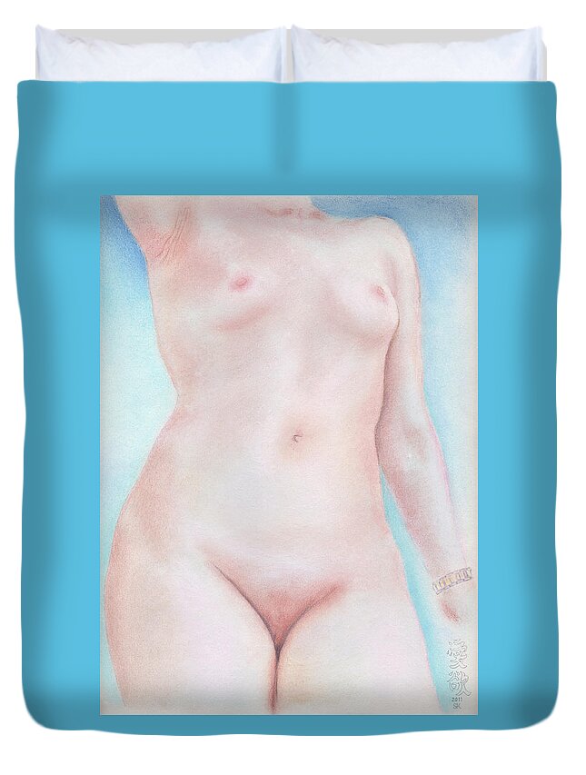 Female Nude Duvet Cover featuring the drawing On the Artists Pedestal a Statuesque Female Nude Torso with Open Sky Behind by Scott Kirkman