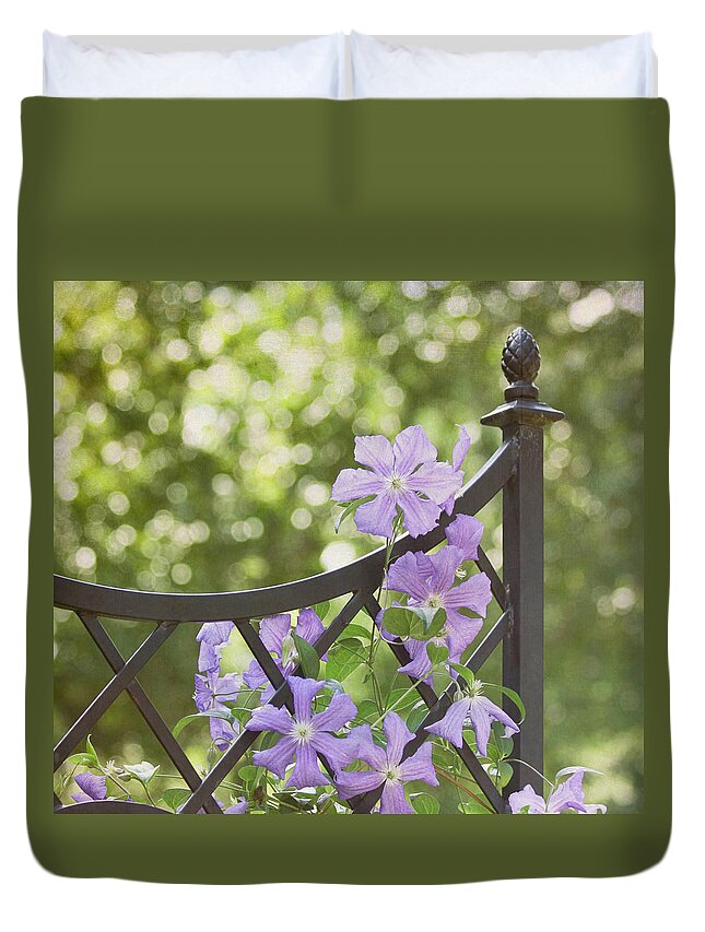 Purple Flower Duvet Cover featuring the photograph On The Fence by Kim Hojnacki