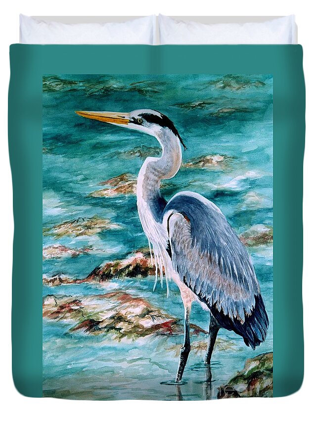 Great Blue Heron Duvet Cover featuring the painting On the Rocks Great Blue Heron by Roxanne Tobaison