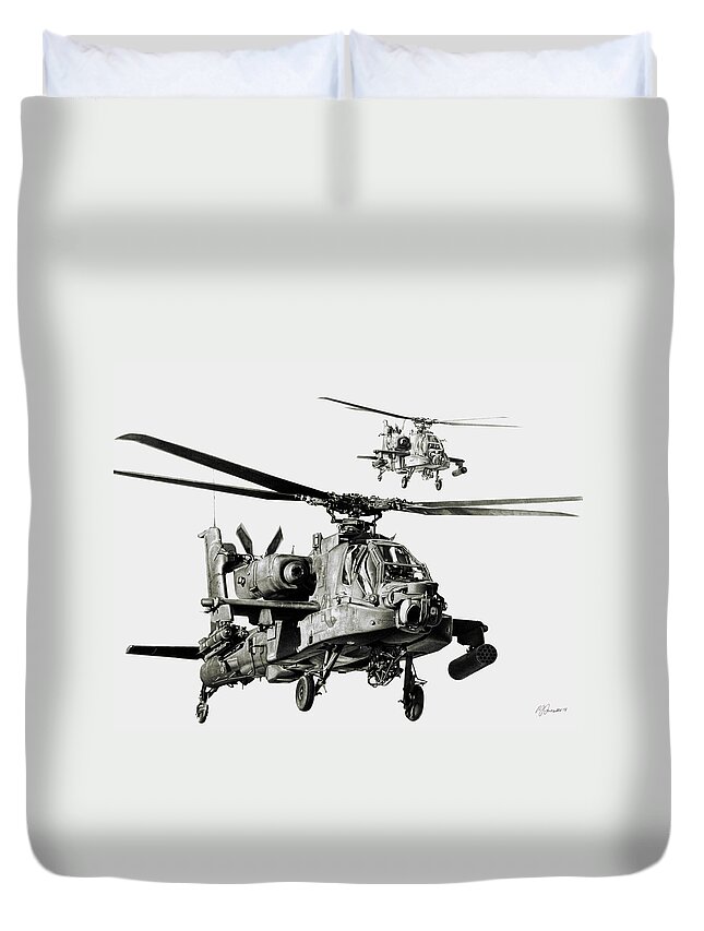 Attack Helicopter Duvet Cover featuring the drawing On The Way by Murray Jones