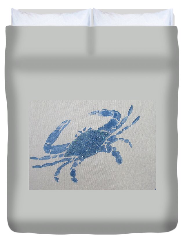 Blue Duvet Cover featuring the painting One Blue Crab on Sand by Ashley Goforth