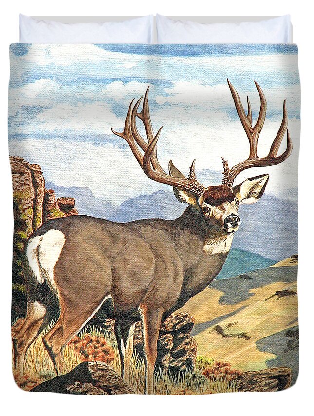 Mule Deer Duvet Cover featuring the painting One Last Look by Darcy Tate