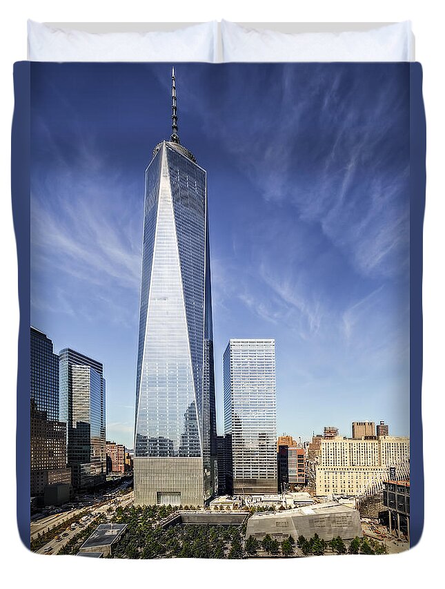 World Trade Center Duvet Cover featuring the photograph One World Trade Center Reflecting Pools by Susan Candelario