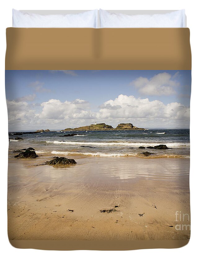 Fidra Lighthouse And Seashore Duvet Cover featuring the photograph Only clouds from skies by Elena Perelman
