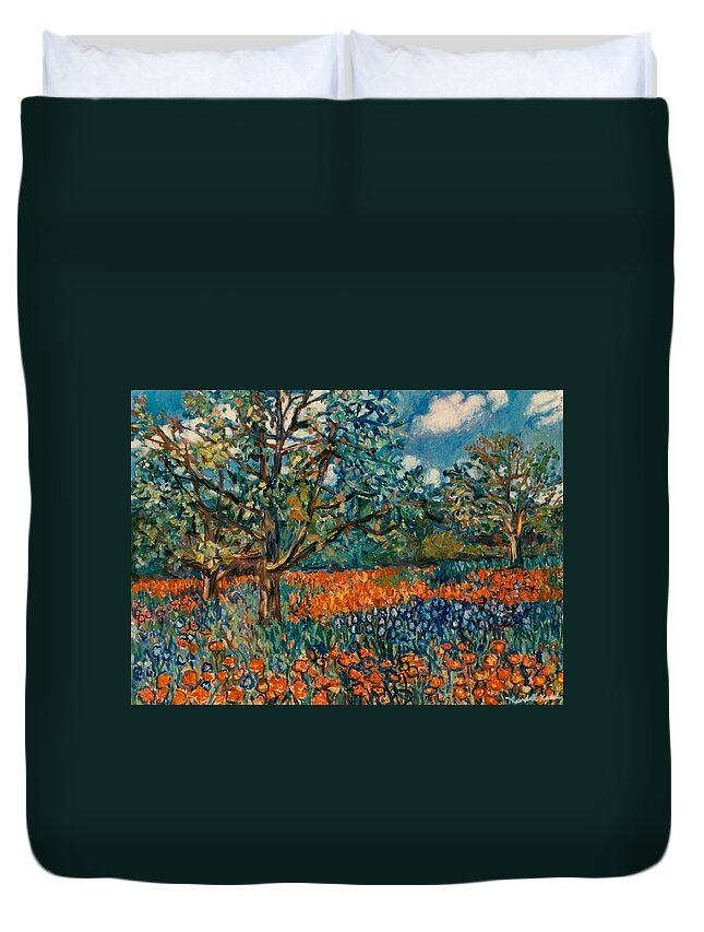 Flowers Duvet Cover featuring the painting Orange and Blue Flower Field by Kendall Kessler