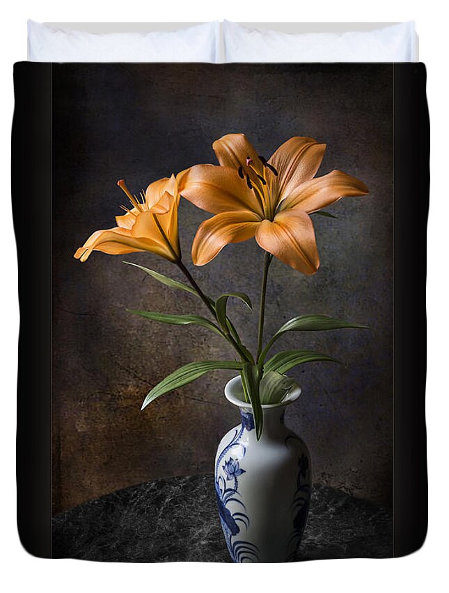 Flower Duvet Cover featuring the photograph Orange Asiatic Lilies in Vase by Endre Balogh