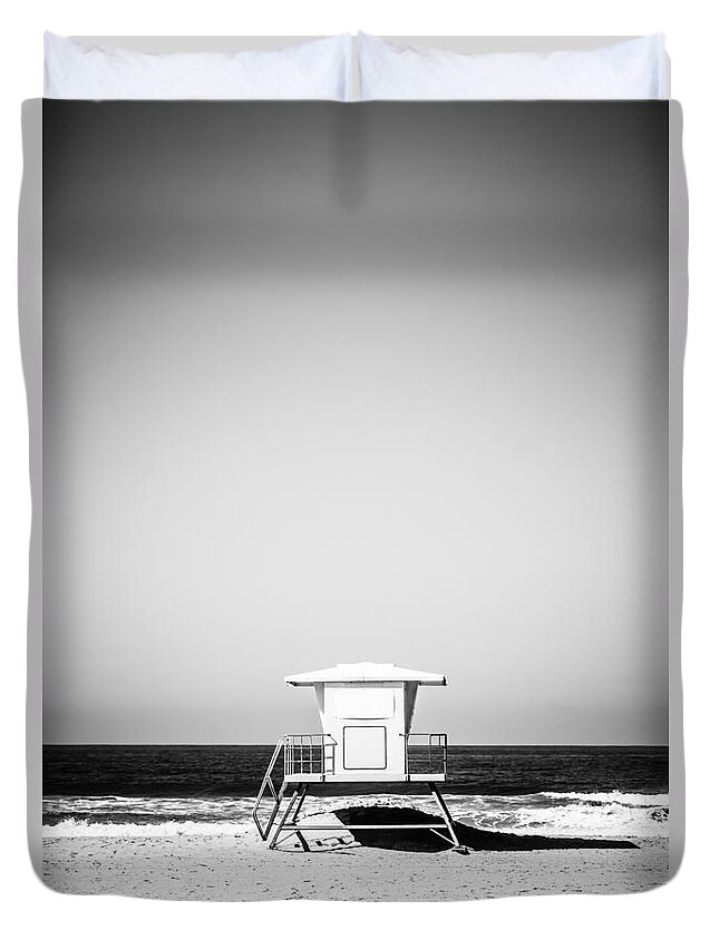 America Duvet Cover featuring the photograph Orange County Lifeguard Tower Black and White Picture by Paul Velgos