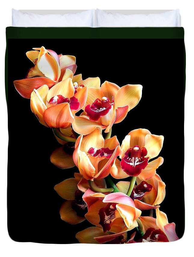 Flowers Duvet Cover featuring the photograph Orange Cymbidium Still Life Flower Art Poster by Lily Malor
