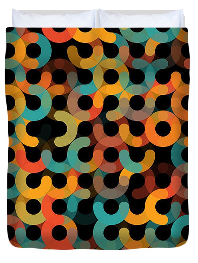 Abstract; Spotted; Design; Clip Art; Digitally Generated Image; Pattern; Background; Vector; No People; Illustration And Painting; Simplicity; Color Image; Computer Graphic; Circle; Round; Geometric; Geometric Shape; Decoration; Wallpaper Pattern; Shape; Geometric Pattern; Dark; Warm; Retro; Vintage; Red; Orange; Turquoise; Vertical; Black Background; Colorful; Beautiful; Flat; Flat Design; Artwork Duvet Cover featuring the digital art Orange Geometric Circle Vertical Pattern by Frank Ramspott