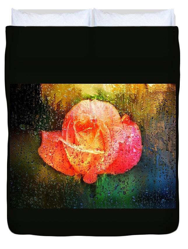 Orange Rose Duvet Cover featuring the digital art Orange Rose and rain drops by Lilia S