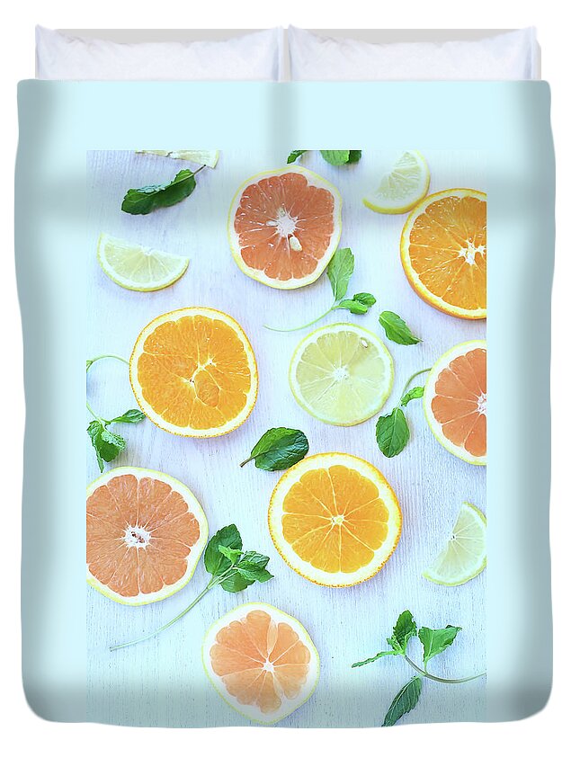 Orange Duvet Cover featuring the photograph Orange,grapefruit,lemon&mint Leaf by Kyoko Hasegawa Photography