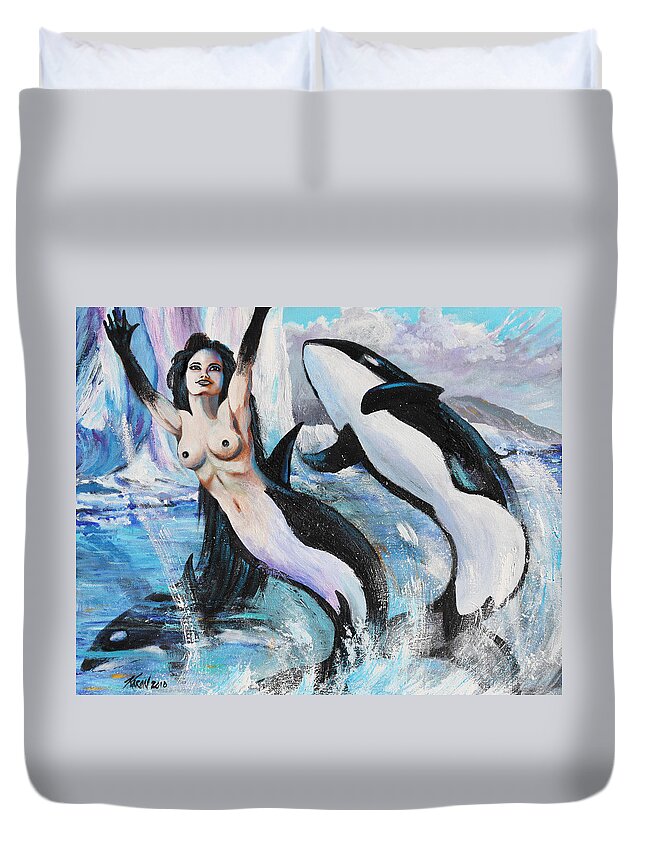 Mermaid Duvet Cover featuring the painting Orca Mermaid by Karon Melillo DeVega