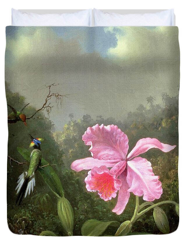 Martin Johnson Heade Duvet Cover featuring the painting Orchid And Hummingbirds by Martin Johnson Heade