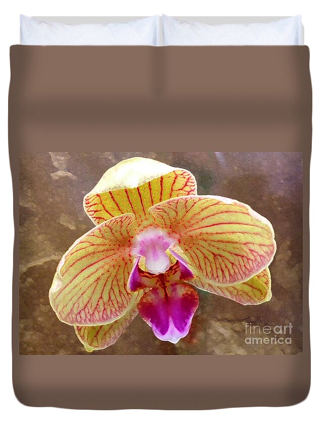 Orchid Duvet Cover featuring the photograph Orchid on Marble by Barbie Corbett-Newmin