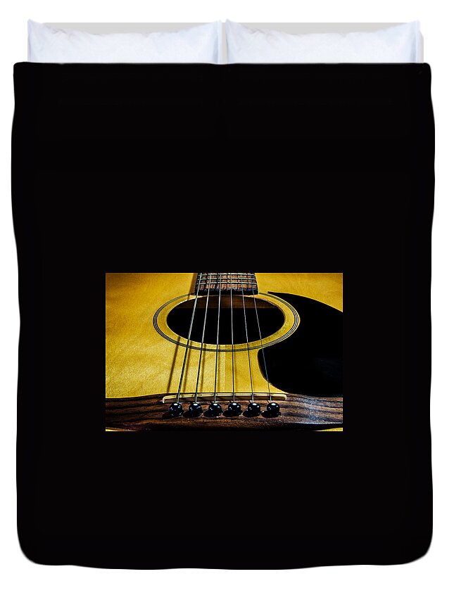 Guitar Duvet Cover featuring the pyrography Organizer of Sound by Rick Bartrand