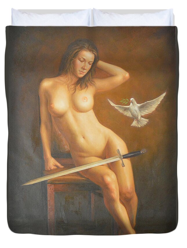 Original Duvet Cover featuring the painting Original Classic Oil Painting Female Body Art -nude Girl And Sword by Hongtao Huang