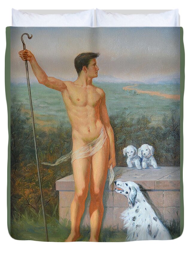 Original. Oil Painting Duvet Cover featuring the painting Original classic oil painting man body art-male nude and dogs #16-2-4-11 by Hongtao Huang