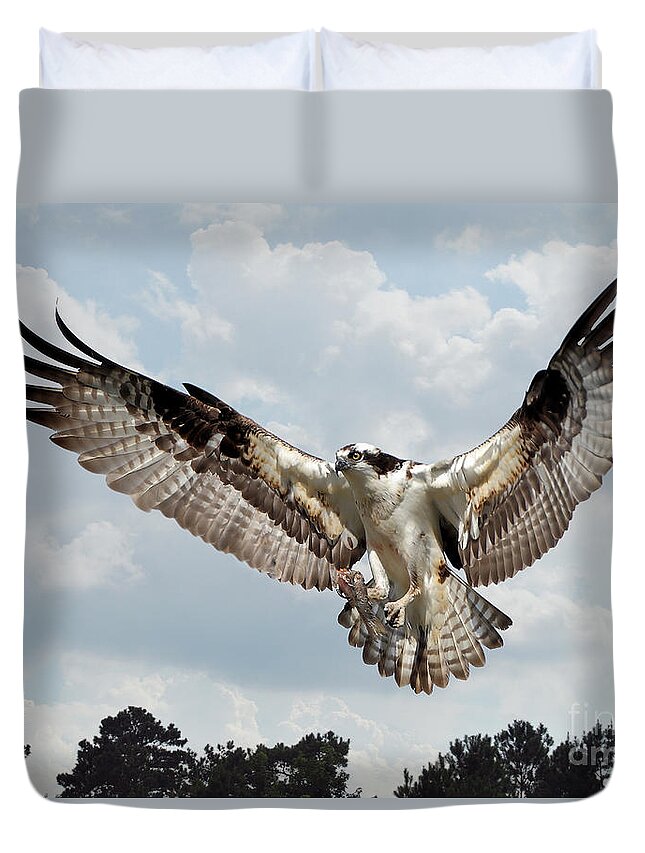 Birds Duvet Cover featuring the photograph Osprey With Fish In Talons by Kathy Baccari