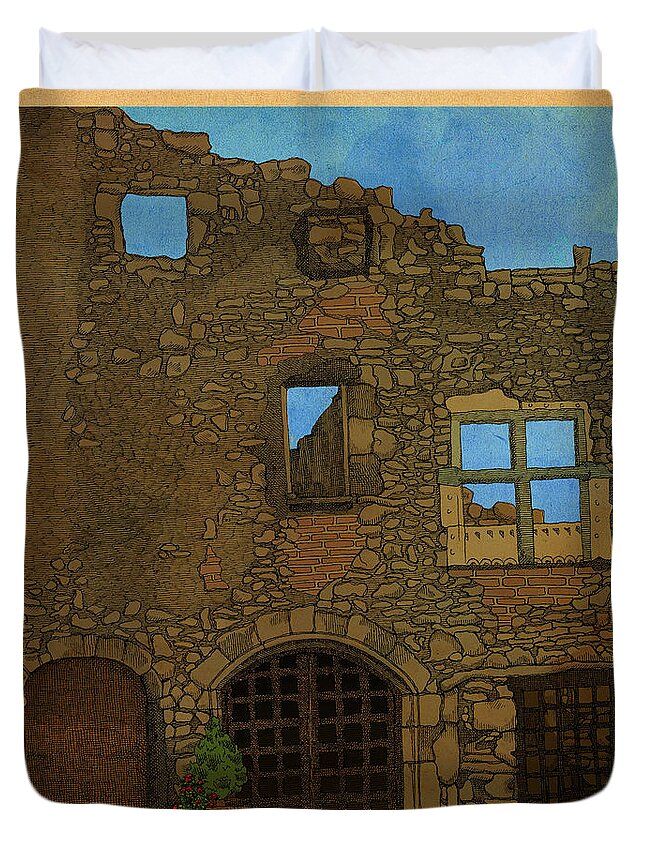 Ruin Alsace Wall Architecture Duvet Cover featuring the drawing Out There by Meg Shearer