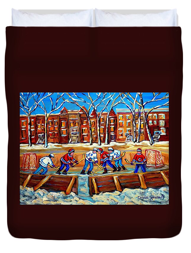 Montreal Duvet Cover featuring the painting Outdoor Hockey Rink Winter Landscape Canadian Art Montreal Scenes Carole Spandau by Carole Spandau