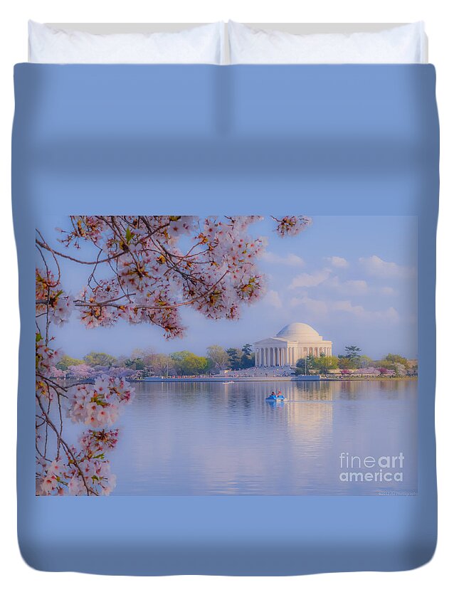 2012 Centennial Celebration Duvet Cover featuring the photograph Paddling Past the Blossoms on the Basin by Jeff at JSJ Photography