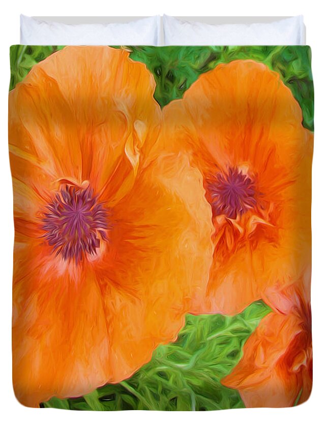 Papaver Orientale Duvet Cover featuring the digital art Painted poppy brilliant orange by Cathy Anderson