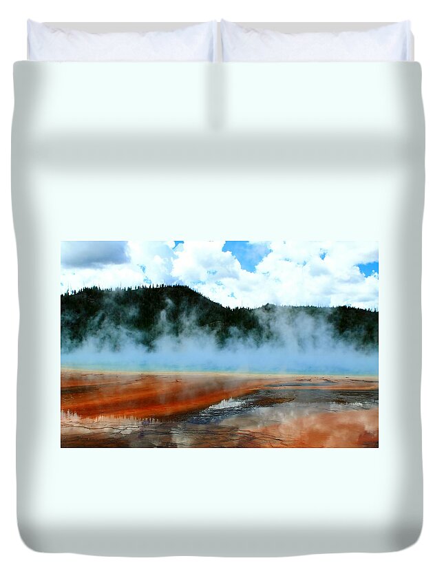 Yellowstone National Park Duvet Cover featuring the photograph Painted Rocks and Steam by Catie Canetti