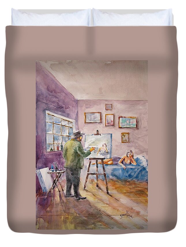 Painter Duvet Cover featuring the painting Painter and His Model by Faruk Koksal