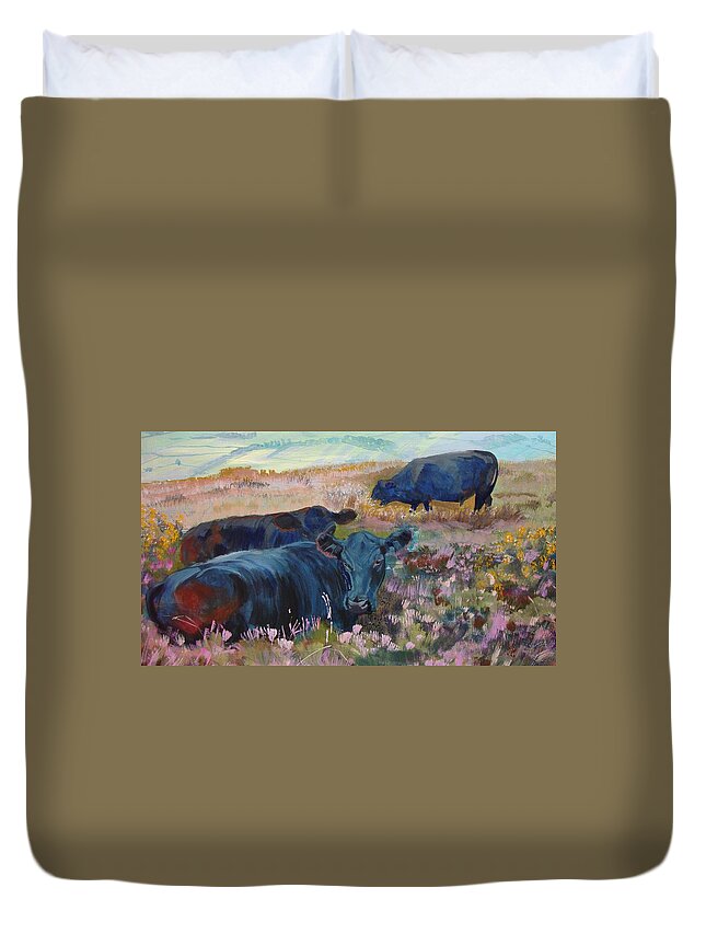 Landscape Duvet Cover featuring the painting Painting of three black cows in landscape without sky by Mike Jory