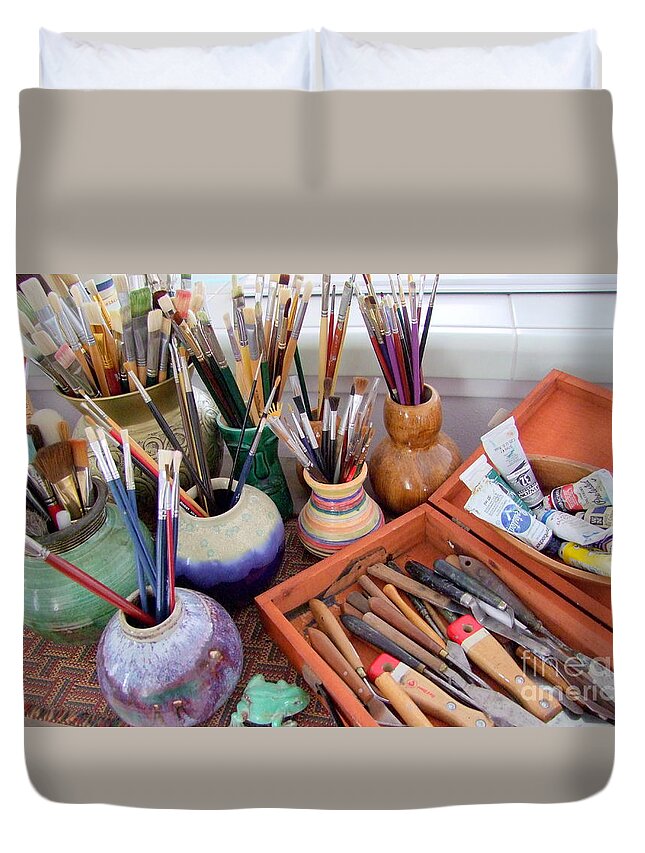 Painting Duvet Cover featuring the photograph Painting Work Table by Mary Deal