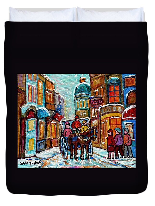 Montreal Duvet Cover featuring the painting Paintings Of Snowscenes Old Montreal Winter Scene Art Horse And Buggy Old City Quebec Carole Spandau by Carole Spandau