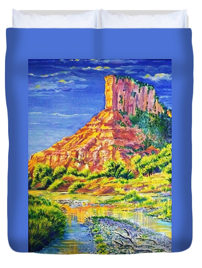  Acrylic Painting 18 By 28 In Barnwood Frame Of Iconic Sandstone Palisade Above The Dolores River In The Fall. Duvet Cover featuring the painting Palisiade at Gateway Colorado by Annie Gibbons