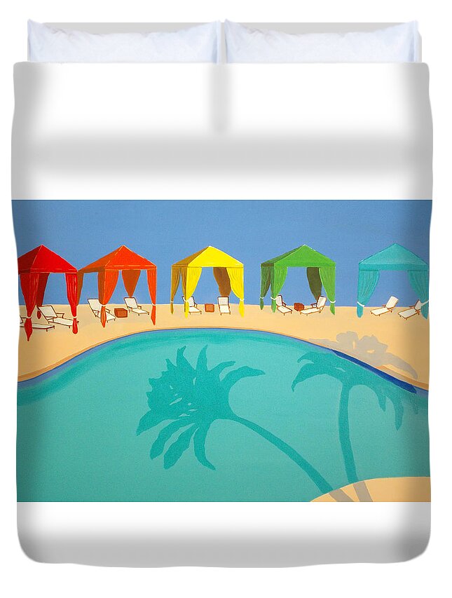 Resort Duvet Cover featuring the painting Palm Shadow Cabanas by Karyn Robinson