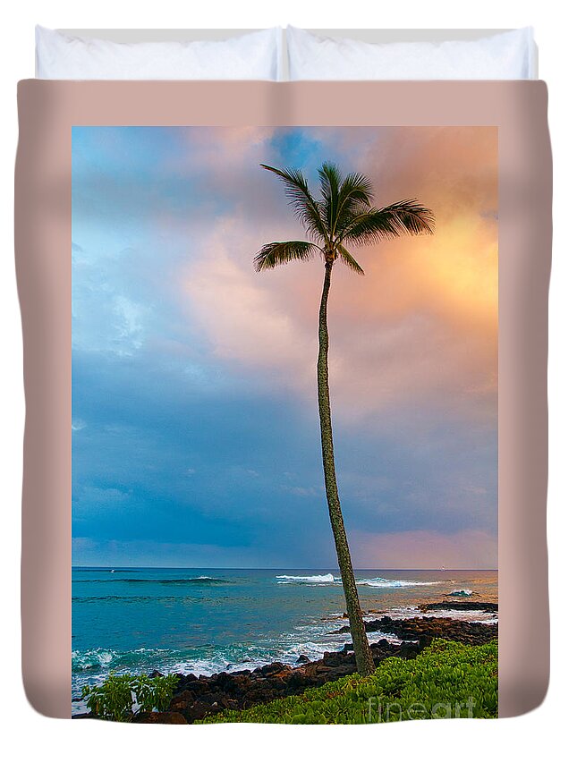 Hawaii Duvet Cover featuring the photograph Palm tree at sunset. by Don Landwehrle
