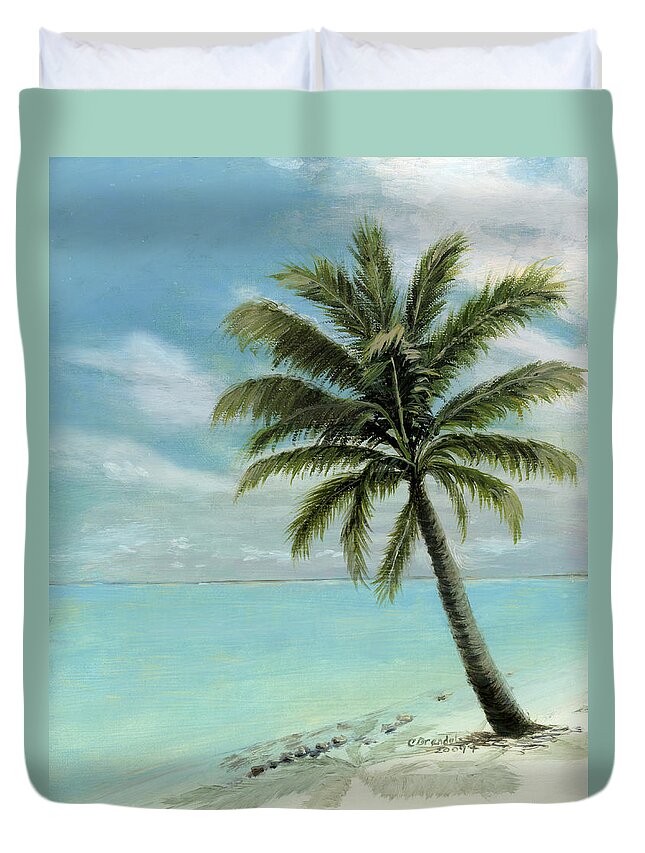 Original Oil On Canvas Cecilia Brendel Palm Tree Ocean Scene Turquoise Waters Cabos Bahamas Florida Keys Hawaii Turks And Caicos Clear Blue Sky Tranquil White Sand Beach Italy Italian Duvet Cover featuring the painting Palm Tree Study by Cecilia Brendel