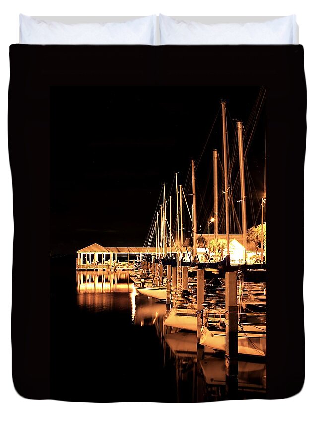 Night Duvet Cover featuring the photograph Panama City Marina by Debra Forand