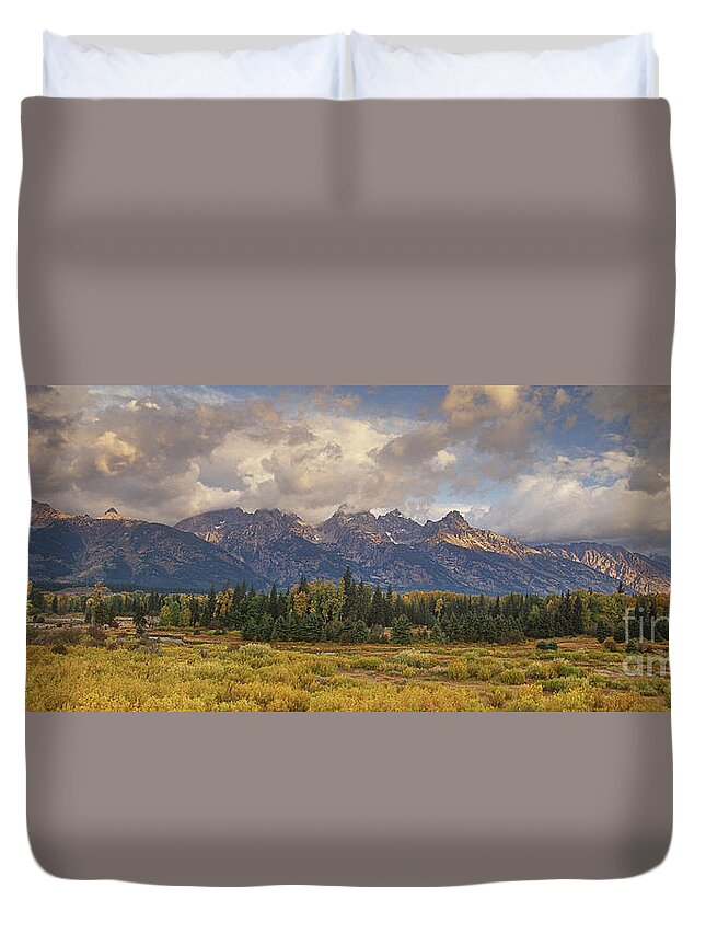 North America Duvet Cover featuring the photograph Panaroma Clearing Storm on a Fall Morning in Grand Tetons National Park by Dave Welling