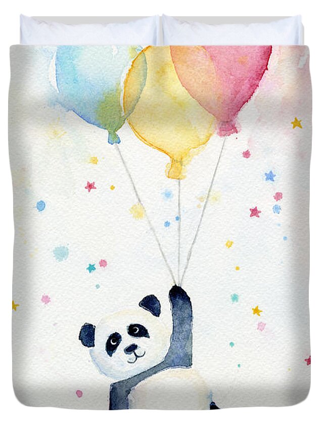 Panda Duvet Cover featuring the painting Panda Floating with Balloons by Olga Shvartsur
