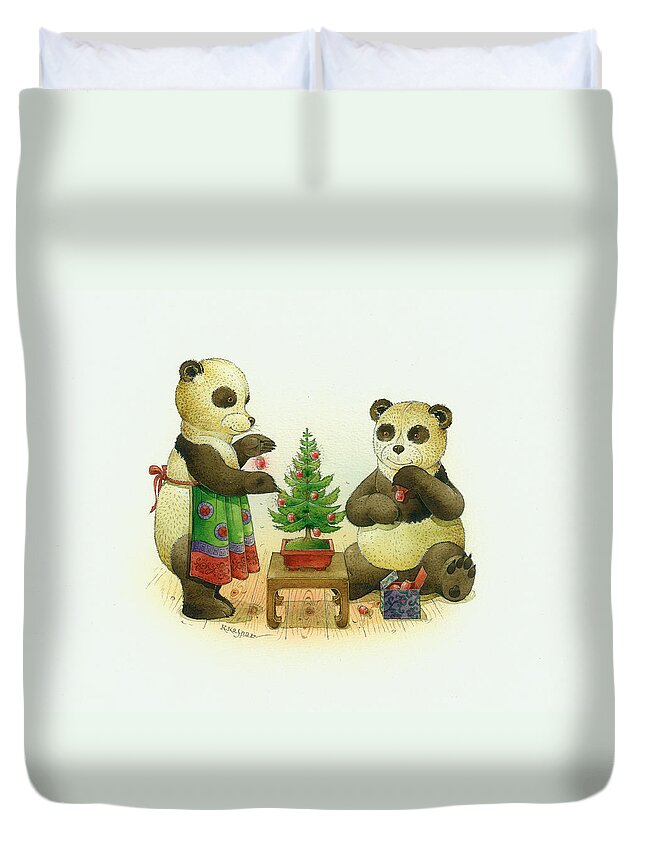 Christmas Greetin Card Pandas Winter Christmas Tree Duvet Cover featuring the painting Pandabears Cristmas 02 by Kestutis Kasparavicius