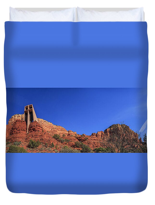 Cross Duvet Cover featuring the photograph Panorama Chapel of the Holy Cross Sedona AZ by Scott Campbell