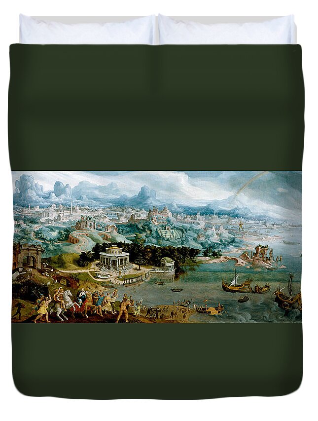 Maerten Van Heemskerck Duvet Cover featuring the painting Panorama with the Abduction of Helen Amidst the Wonders of the Ancient World by Maerten van Heemskerck