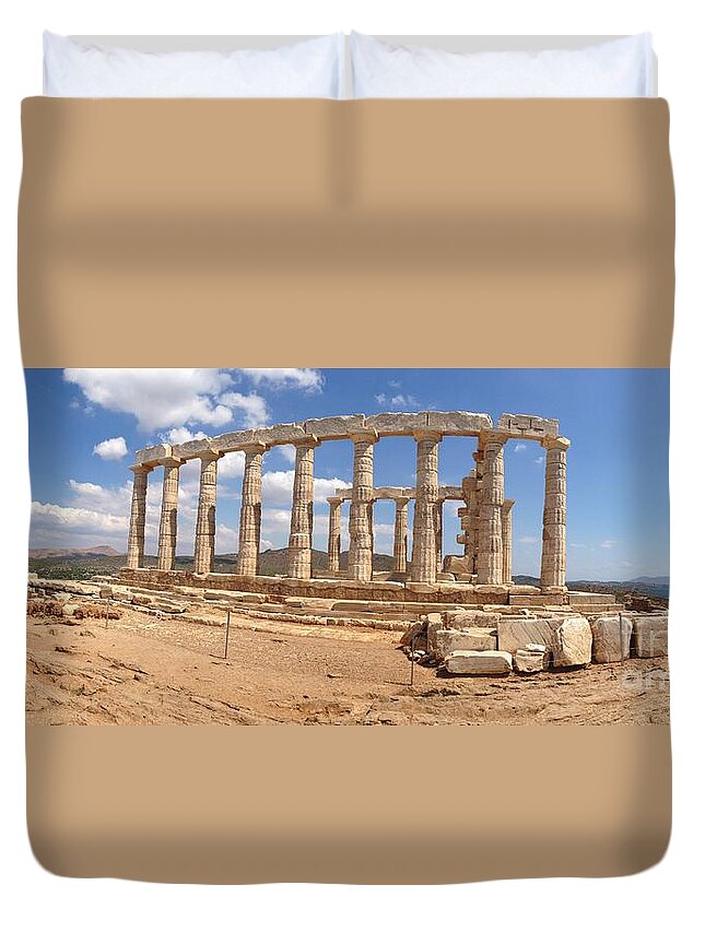 Temple Of Poseidon Duvet Cover featuring the photograph Panoramic Of The Temple Of Poseidon by Denise Railey