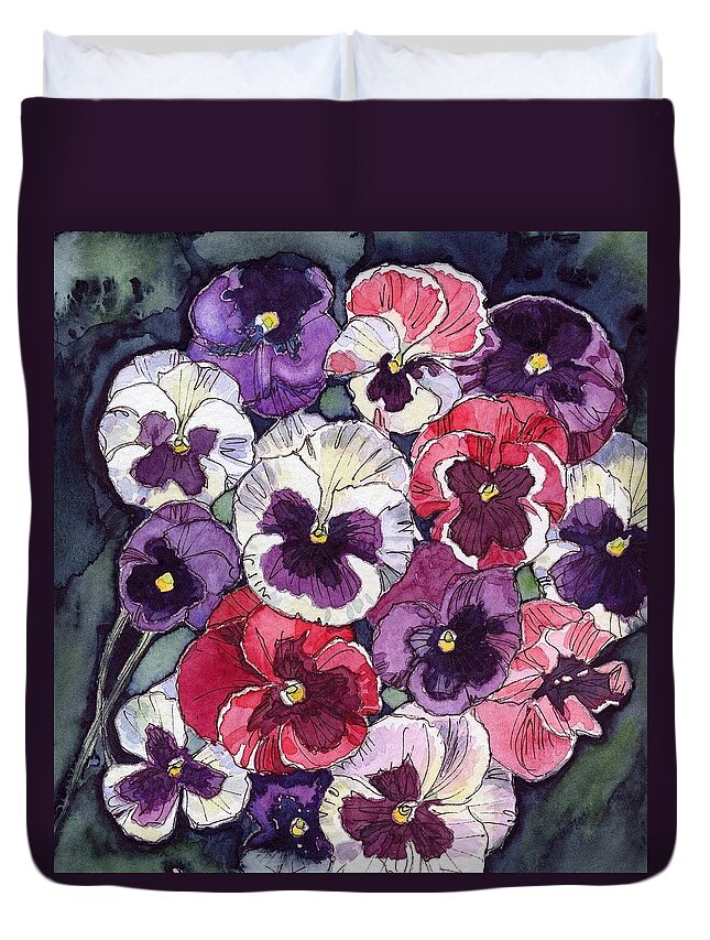 Pink Duvet Cover featuring the painting Pansies by Katherine Miller