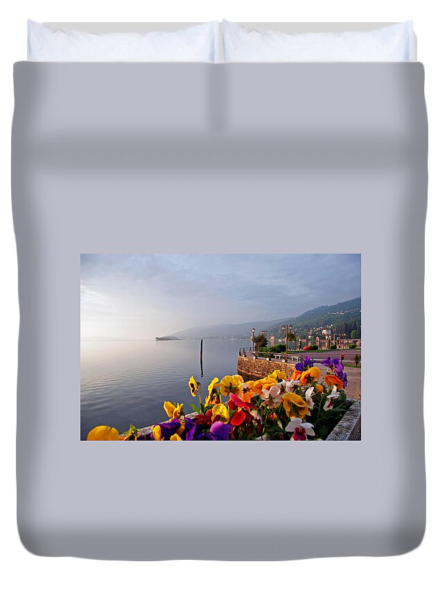 Italy Duvet Cover featuring the photograph Pansies on Lake Maggiore by Peter Tellone