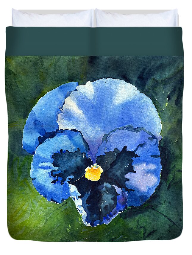 Blue Pansy Duvet Cover featuring the painting Pansy Blue by Katherine Miller