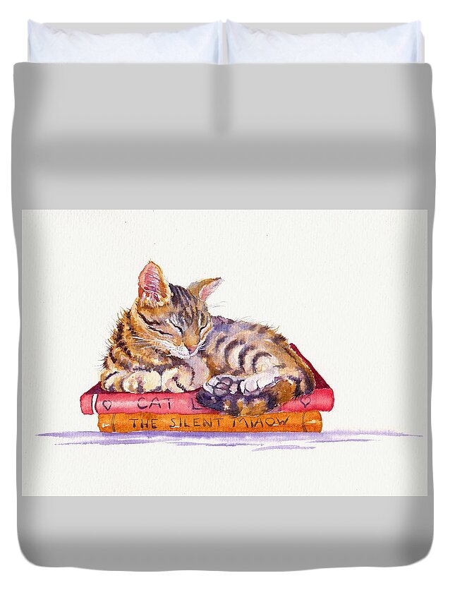 Cat Duvet Cover featuring the painting Sleeping Cat - Paperweight by Debra Hall